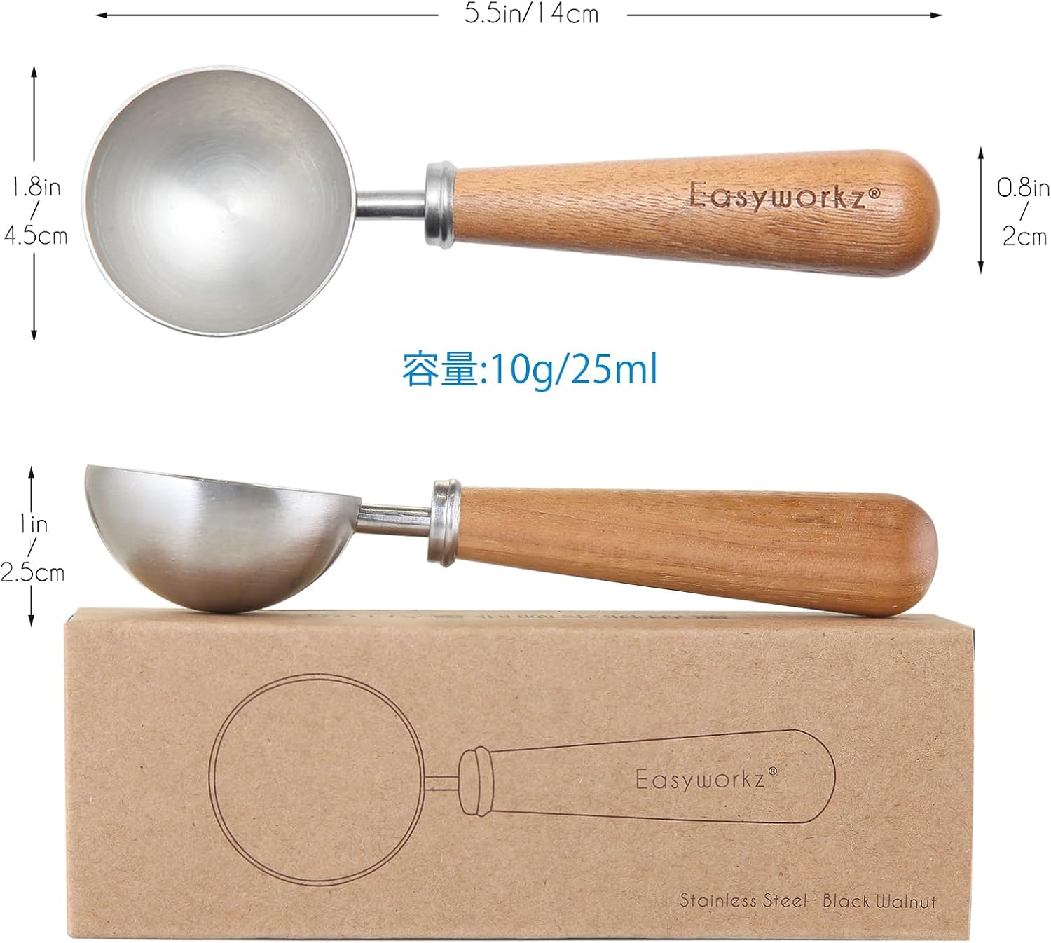Easyworkz Retro Coffee Measuring Spoon – 10g Stainless Steel Scoop with Black Walnut Handle, Silver