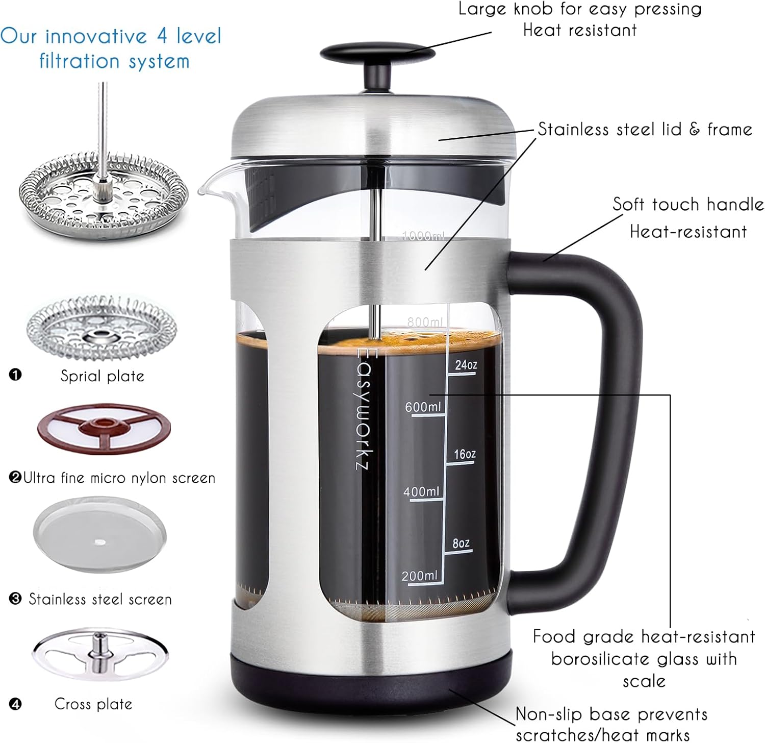 Easyworkz French Press Coffee &amp; Tea Maker – Stainless Steel Frame, Heat-Resistant Glass, Soft Grip Handle, 1000ml (8 Cups), Silver