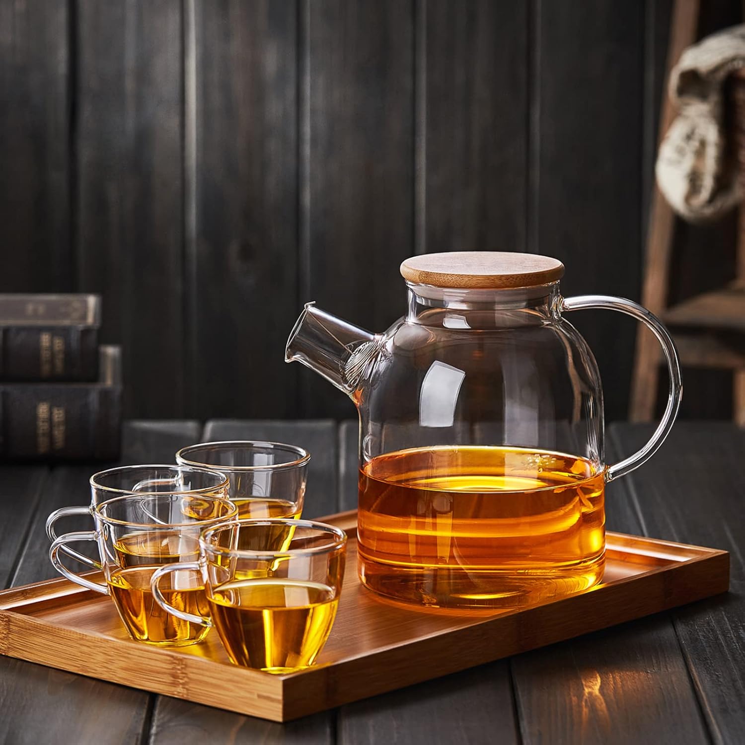 Pocarati Heat-Resistant Glass Teapot 1600ml – Large Capacity Direct Flame Safe with Bamboo Lid