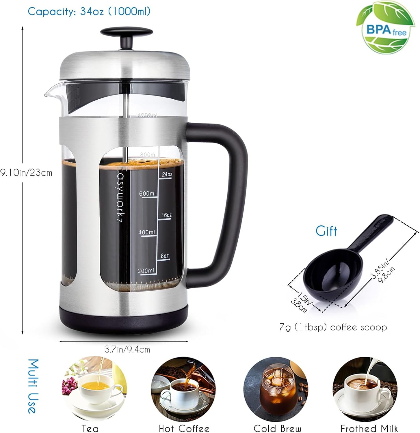 Easyworkz French Press Coffee &amp; Tea Maker – Stainless Steel Frame, Heat-Resistant Glass, Soft Grip Handle, 1000ml (8 Cups), Silver
