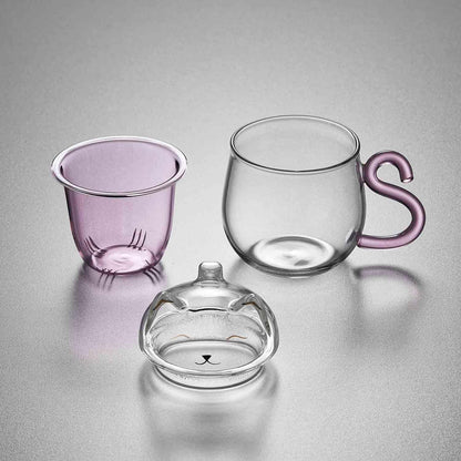 Pocarati Cat Heat-Resistant Glass Tea Mug – 486ml Pink Cute Cup with Lid
