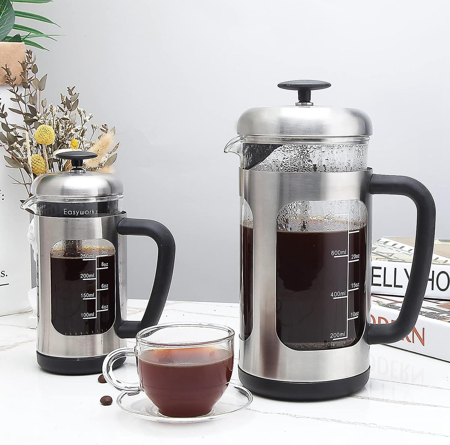 Easyworkz French Press Coffee &amp; Tea Maker – Stainless Steel Frame, Heat-Resistant Glass, Soft Grip Handle, 1000ml (8 Cups), Silver