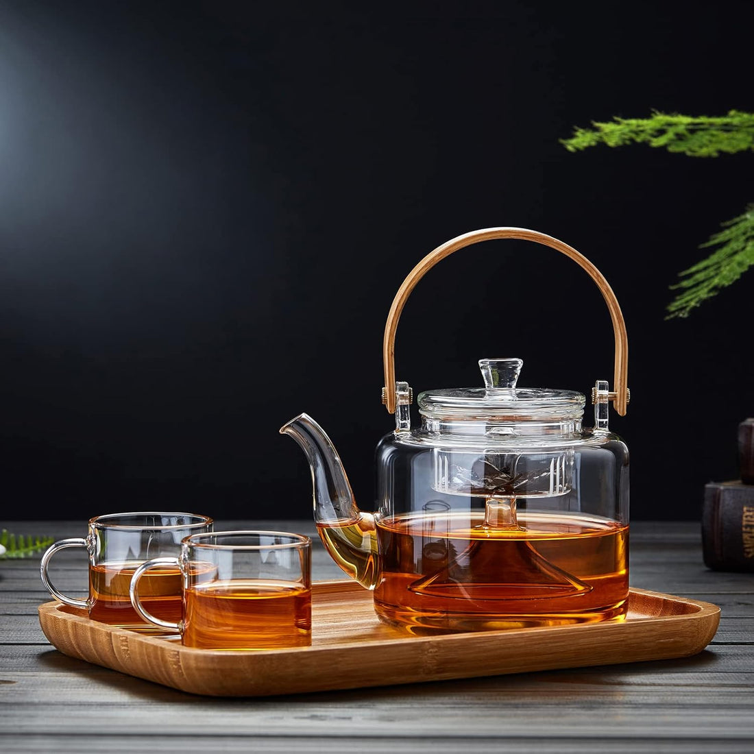 Heat-Resistant Glass Teapot 1000ml – Direct Fire Compatible Tea Kettle with Glass Tea Strainer &amp; Bamboo Handle