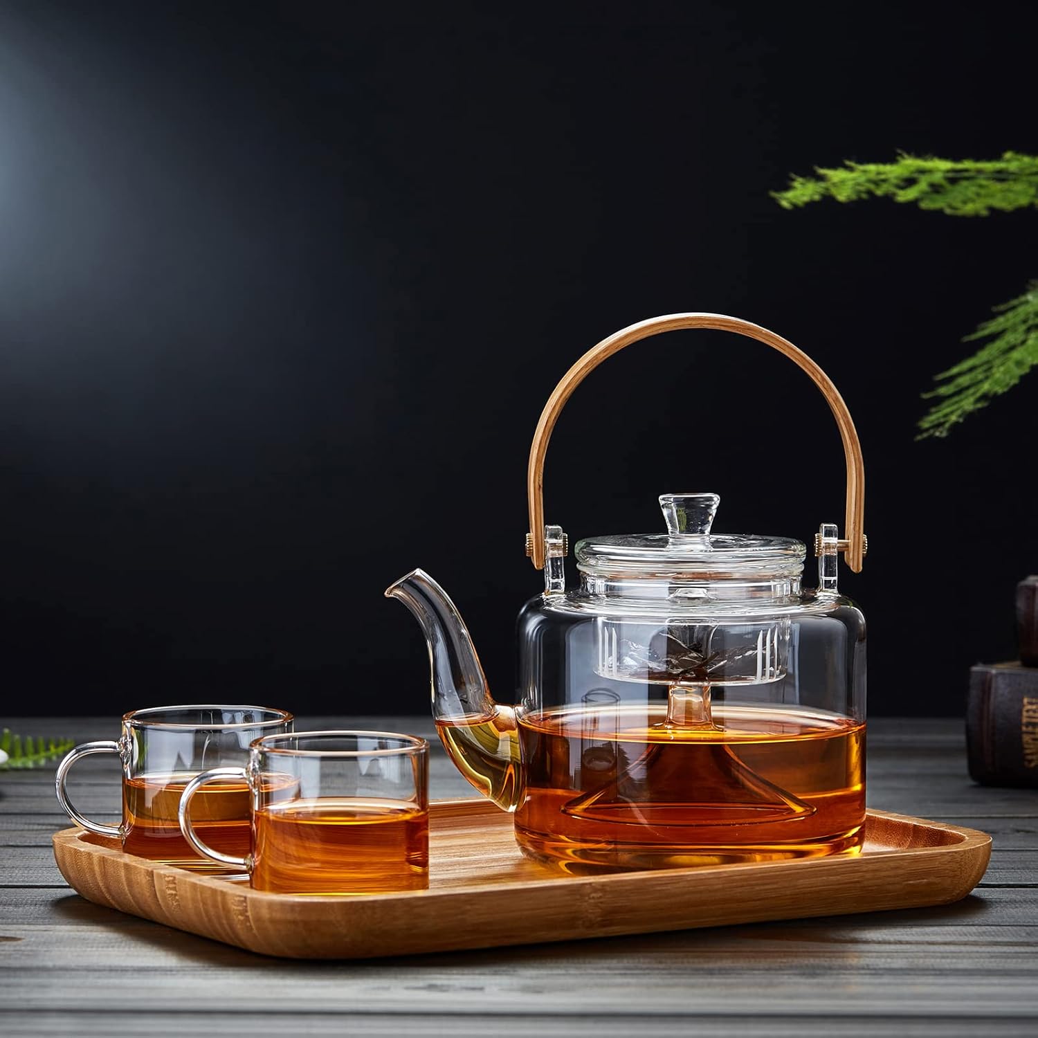 Heat-Resistant Glass Teapot 1000ml – Direct Fire Compatible Tea Kettle with Glass Tea Strainer &amp; Bamboo Handle