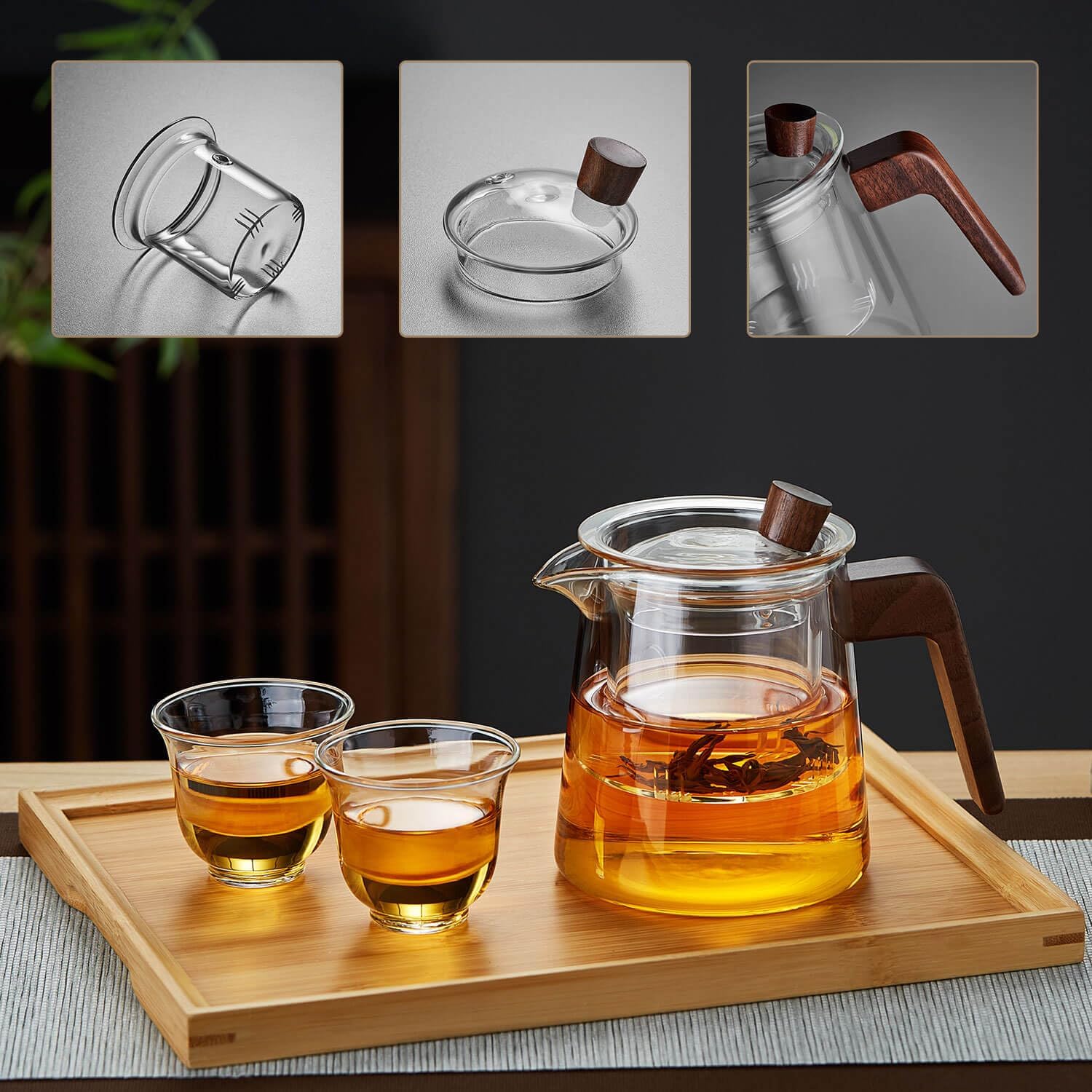 Pocaro Clear Glass Tea Pot Set 550ml – Teapot with 4 Cups, Portable Hospitality Teaware