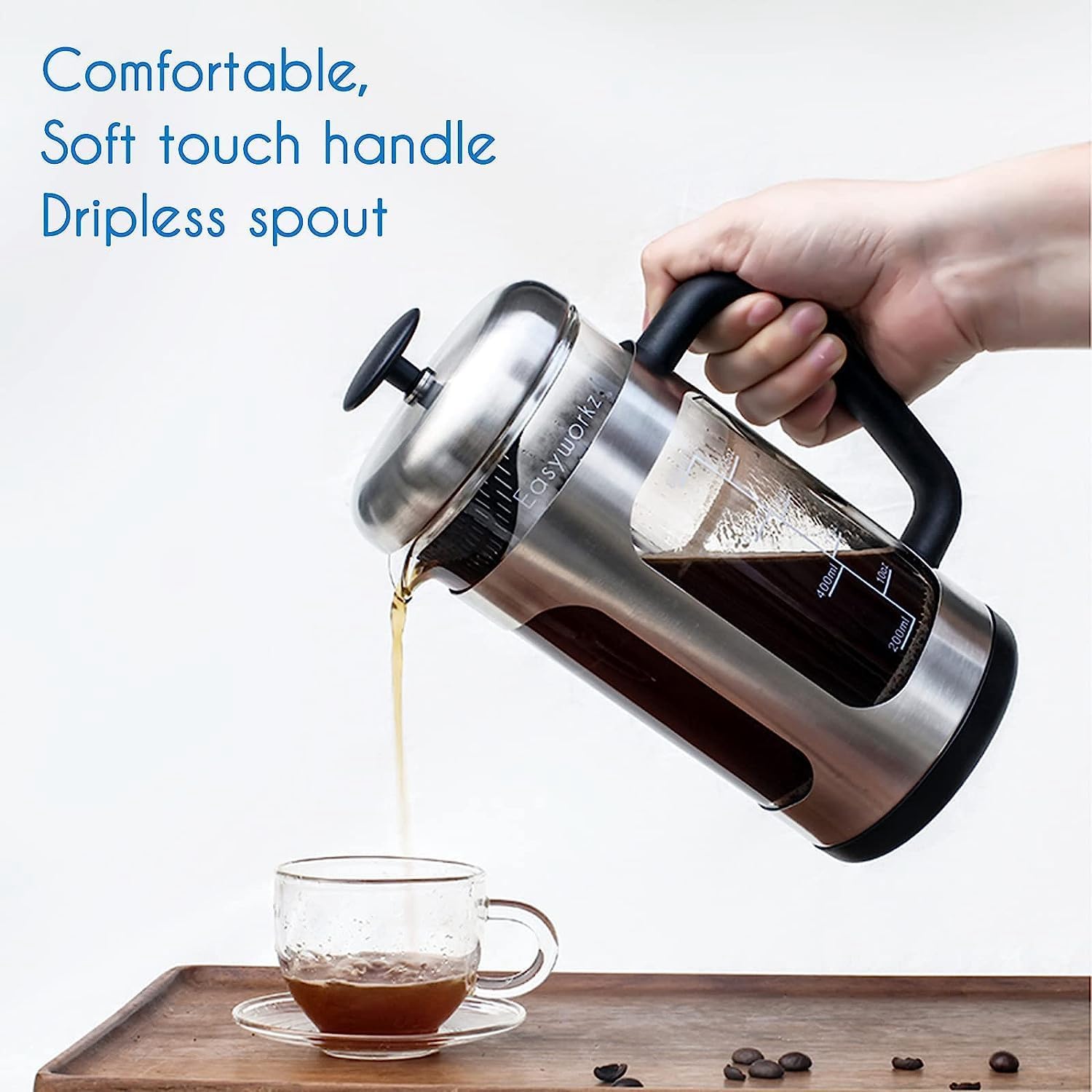 Easyworkz French Press Coffee &amp; Tea Maker – Stainless Steel Frame, Heat-Resistant Glass, Soft Grip Handle, 1000ml (8 Cups), Silver