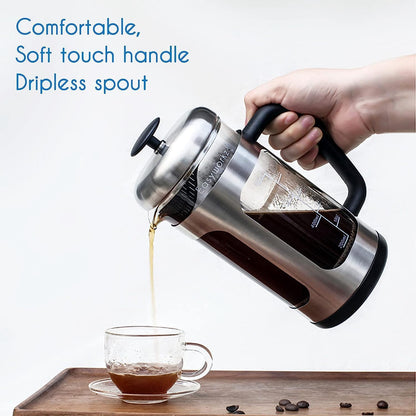 Easyworkz French Press Coffee &amp; Tea Maker – Stainless Steel Frame, Heat-Resistant Glass, Soft Grip Handle, 1000ml (8 Cups), Silver