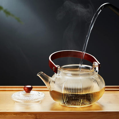Pocarati Heat-Resistant Glass Teapot Set 760ml – Vertical Striped Lantern Design with 4 Tea Cups