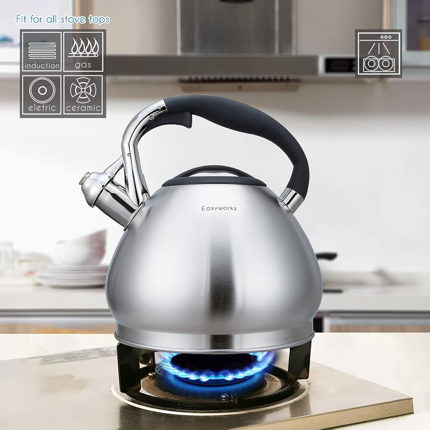 Easyworkz Whistling Tea Kettle – Stainless Steel Stove Top Kettle with Loud Whistle, 2.3L