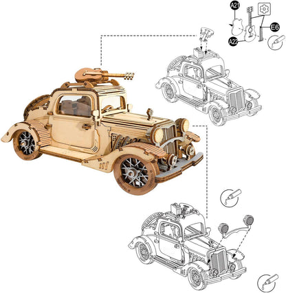 ROBOTIME Classic Car TG504 3D Wooden Puzzle – DIY Craft Model Kit, Educational Toy for Adults &amp; Kids