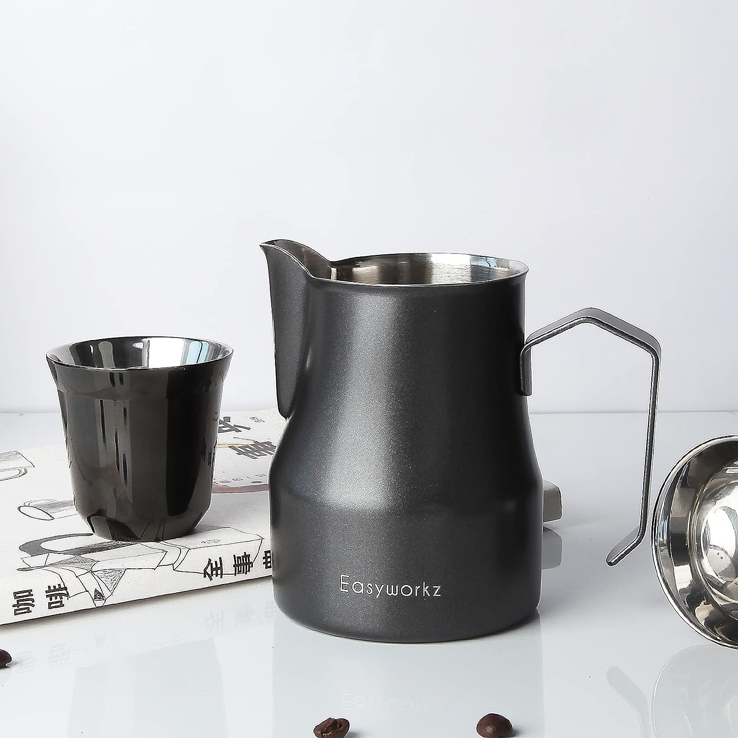 Easyworkz Stainless Steel Milk Pitcher – Latte Art Coffee Frothing Jug, Black, 350ml