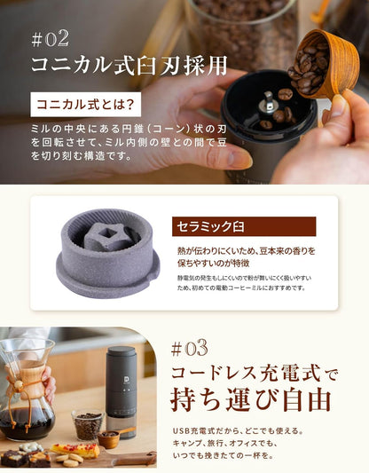 Delimo Cordless Electric Coffee Grinder – Ceramic Conical Burr, 39 Grind Settings, USB Rechargeable, Washable Coffee Mill