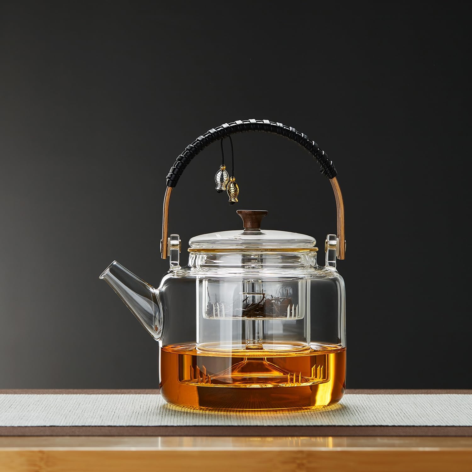 Pisces Glass Teapot 1090ml – Heat-Resistant Direct Fire Tea Kettle with Glass Strainer &amp; Bamboo Handle