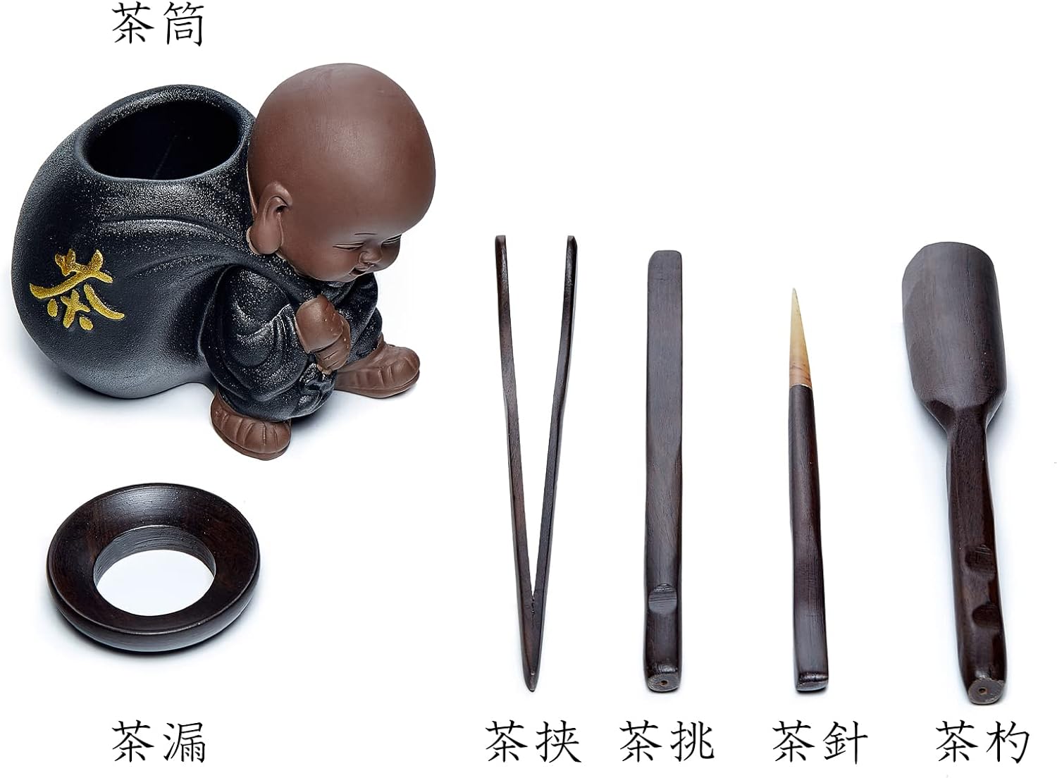 Pokaroty Traditional Tea Ceremony Set – Black Ceramic Teaware with Ebony Wood Accessories
