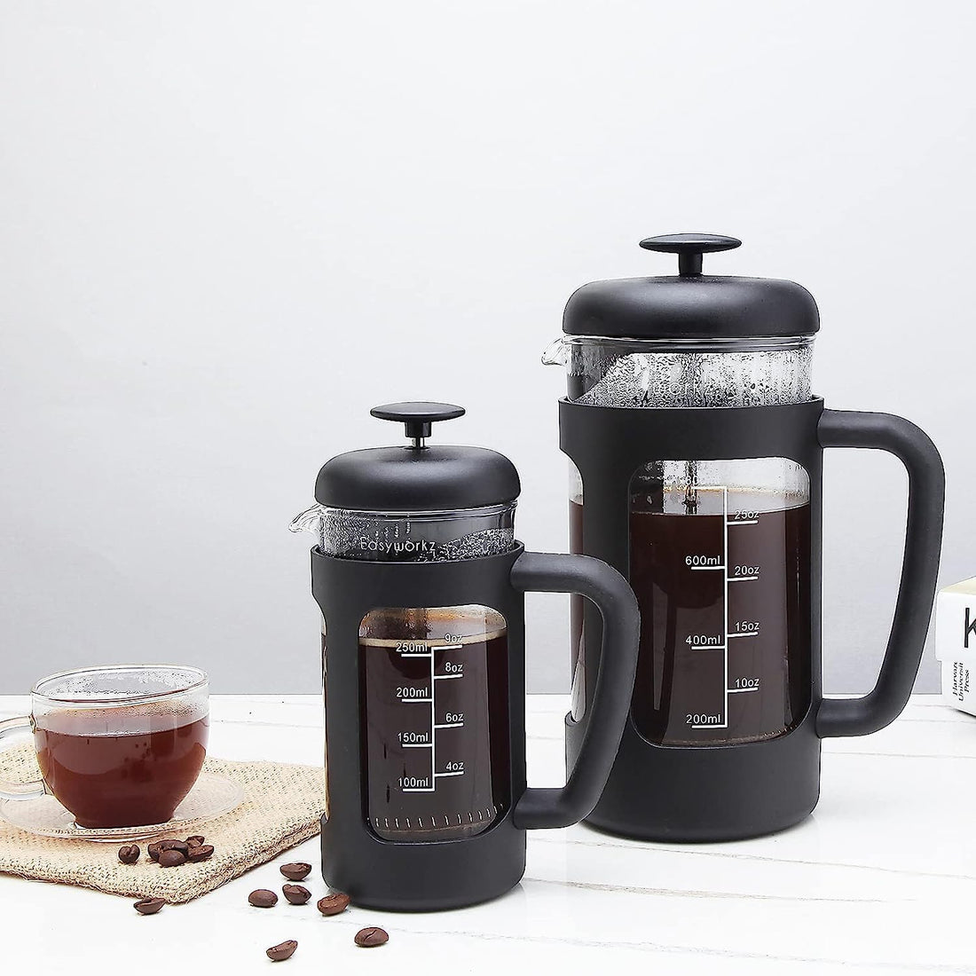 Easyworkz French Press Coffee &amp; Tea Maker – Heat-Resistant Glass, Soft Grip Handle, 1000ml (8 Cups), Black