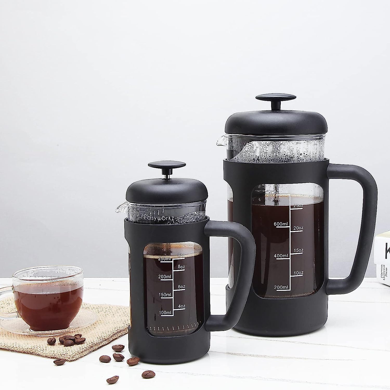 Easyworkz French Press Coffee &amp; Tea Maker – Heat-Resistant Glass, Soft Grip Handle, 1000ml (8 Cups), Black