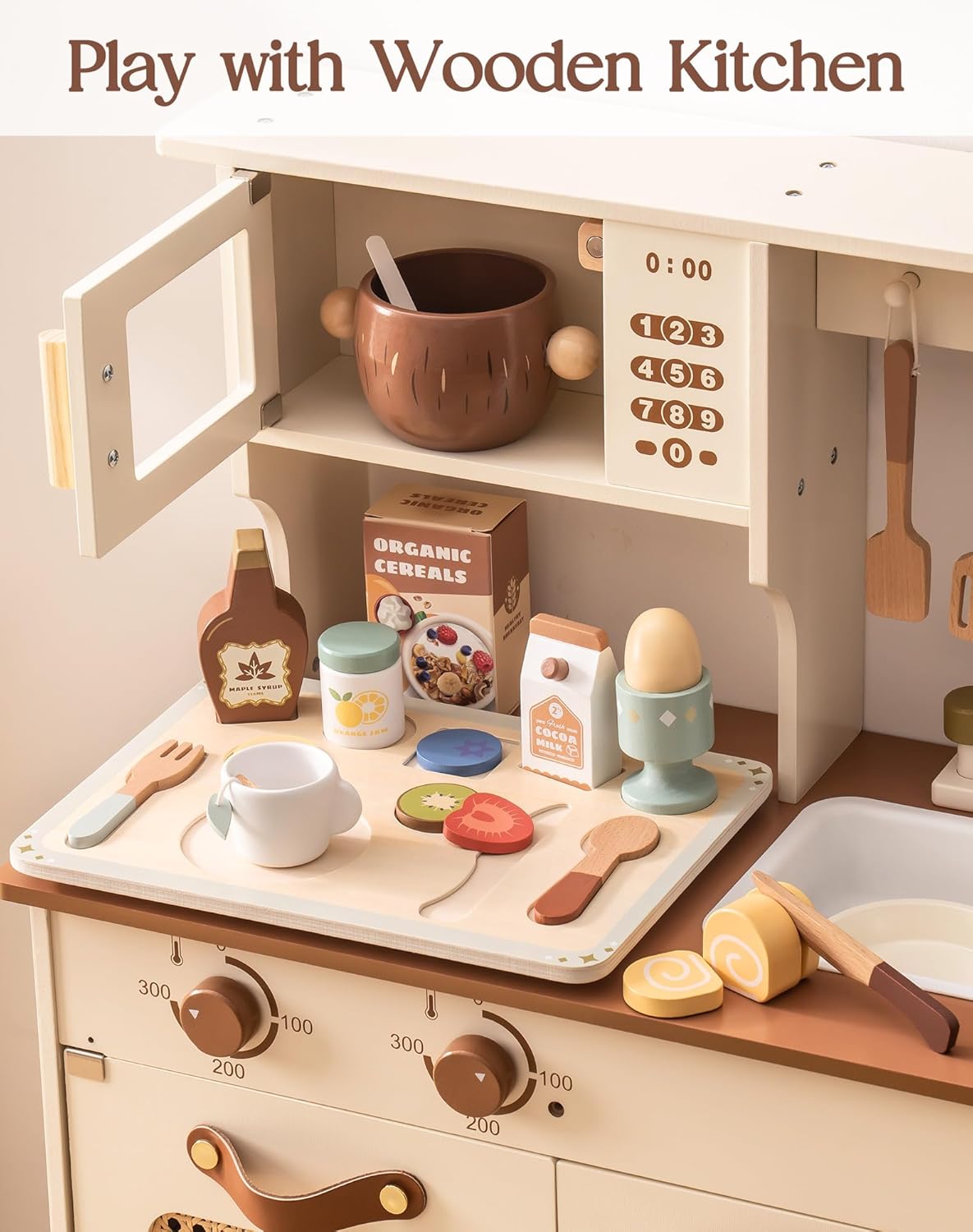 ROBOTIME Wooden Play Food Set for Kids – Pretend Kitchen Toy Breakfast Food Accessories with Tray