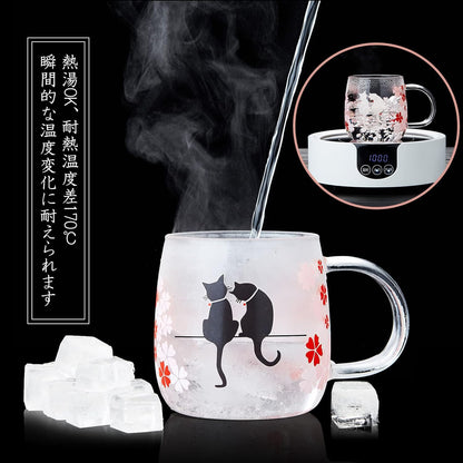 Heat-Resistant Glass Tea Strainer Mug – Cherry Blossom Color-Changing Cat Cup