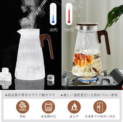 Pocalotea Heat-Resistant Glass Tea Pitcher – 1750ml Large Capacity Carafe with Wooden Handle