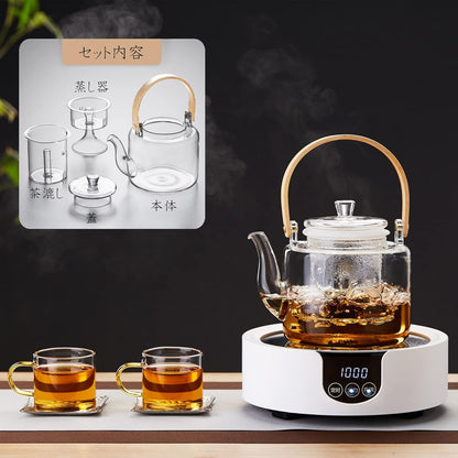 Heat-Resistant Glass Teapot 1000ml – Direct Fire Compatible Tea Kettle with Glass Tea Strainer &amp; Bamboo Handle