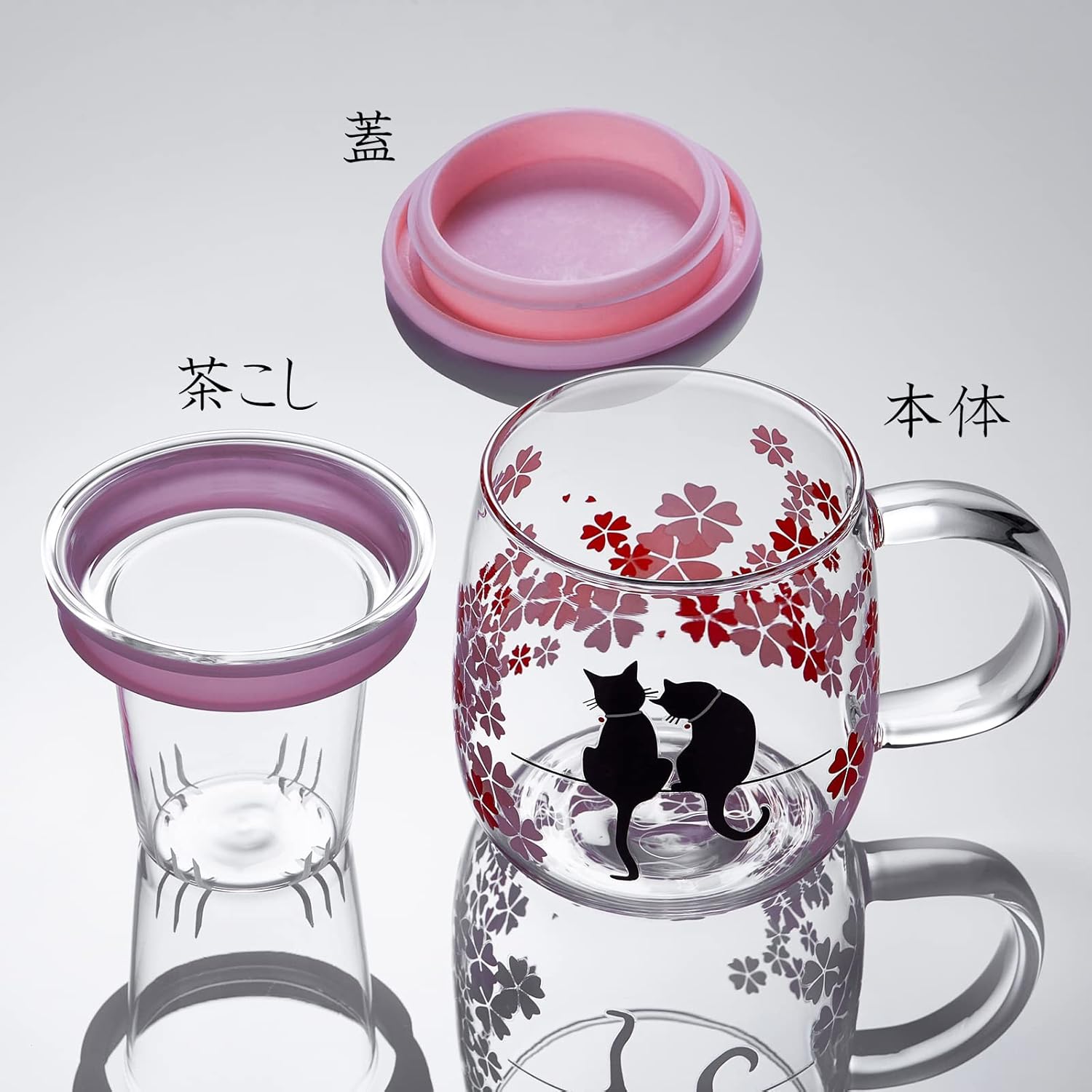 Heat-Resistant Glass Tea Strainer Mug – Cherry Blossom Color-Changing Cat Cup