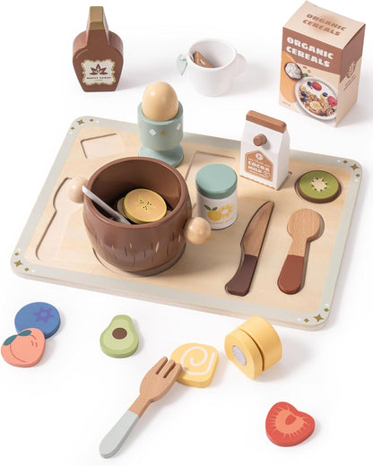 ROBOTIME Wooden Play Food Set for Kids – Pretend Kitchen Toy Breakfast Food Accessories with Tray