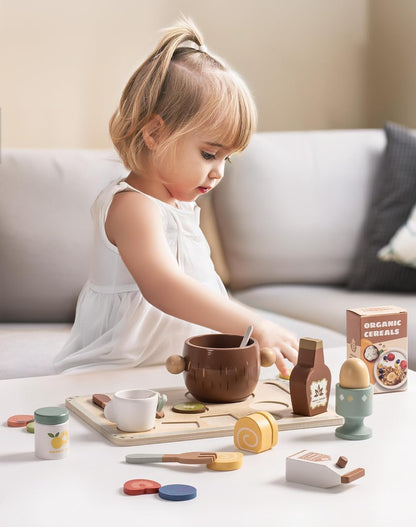ROBOTIME Wooden Play Food Set for Kids – Pretend Kitchen Toy Breakfast Food Accessories with Tray