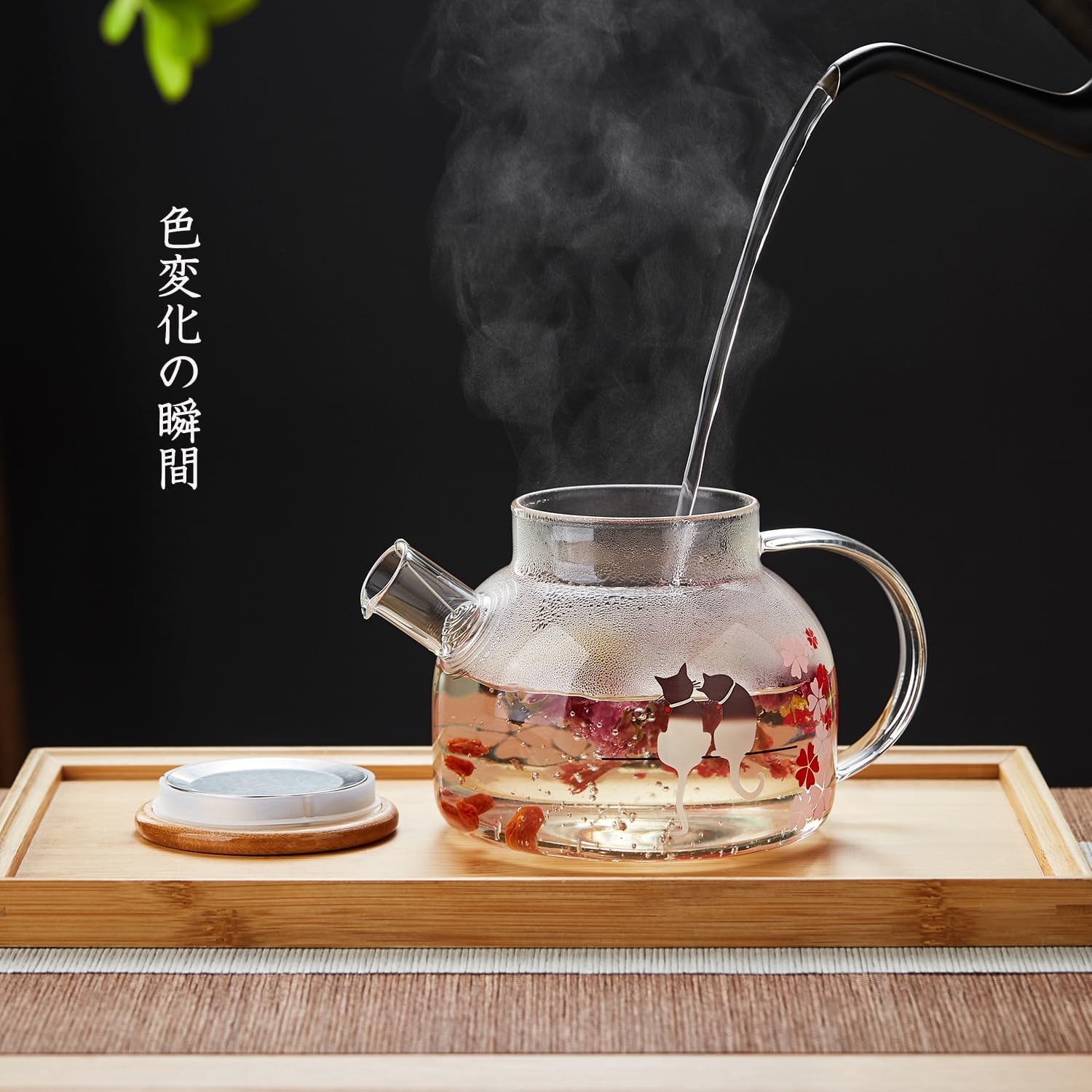 Pocarati Cherry Blossom Cat Glass Teapot 1000ml – Heat Resistant, Cute Round Design, Direct Flame Safe