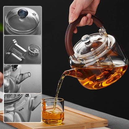 Pokaroty Heat-Resistant Glass Teapot 1300ml – Clear Tea Pot with Built-In Tea Strainer