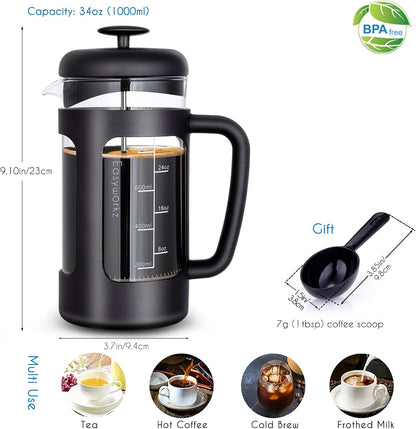 Easyworkz French Press Coffee &amp; Tea Maker – Heat-Resistant Glass, Soft Grip Handle, 1000ml (8 Cups), Black