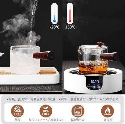 Pocarati Heat-Resistant Glass Teapot 500ml – Side Wooden Handle, Direct Flame Safe, with Glass Tea Strainer