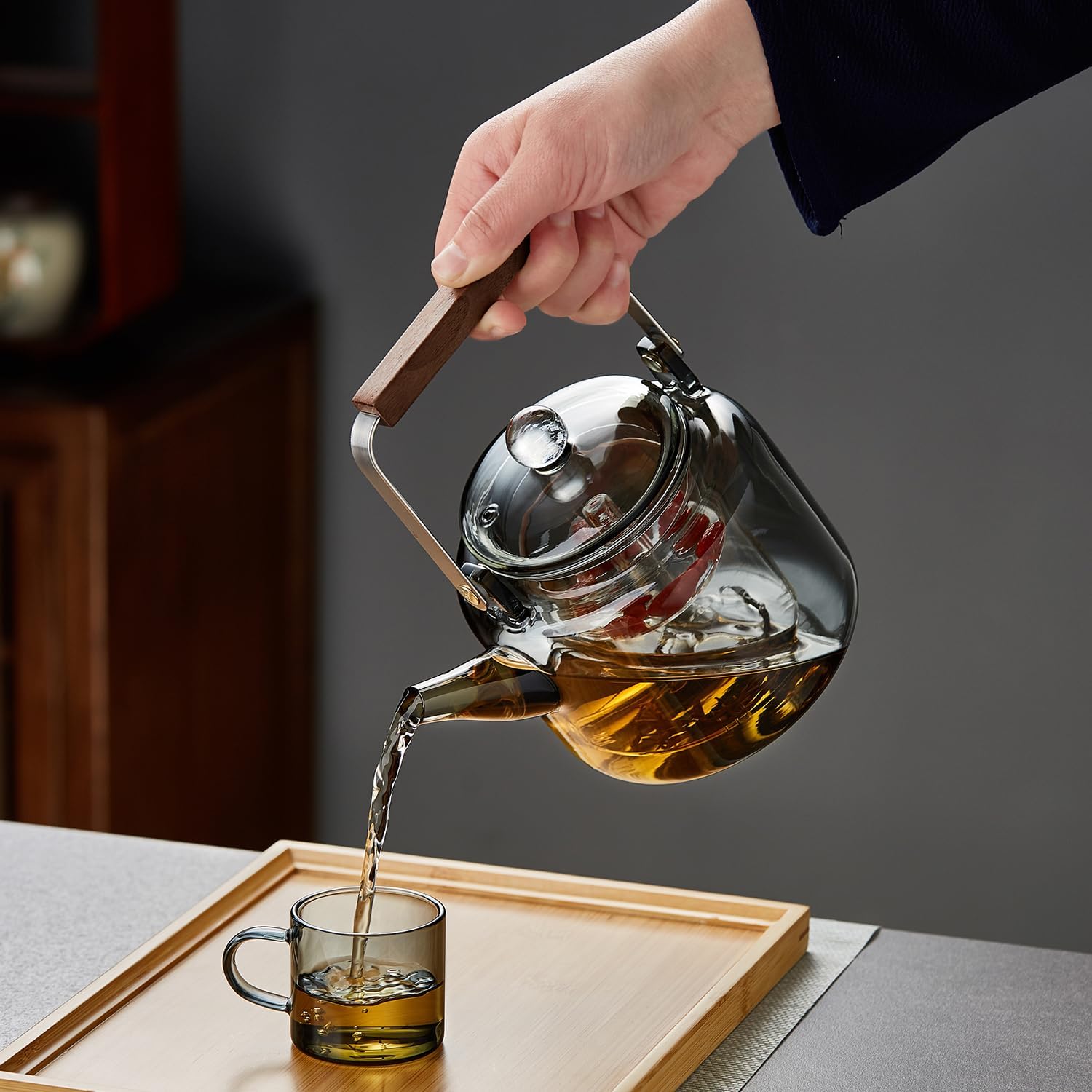 Heat-Resistant Black Glass Teapot 1000ml – Direct Fire Safe with Dual Removable Tea Strainers