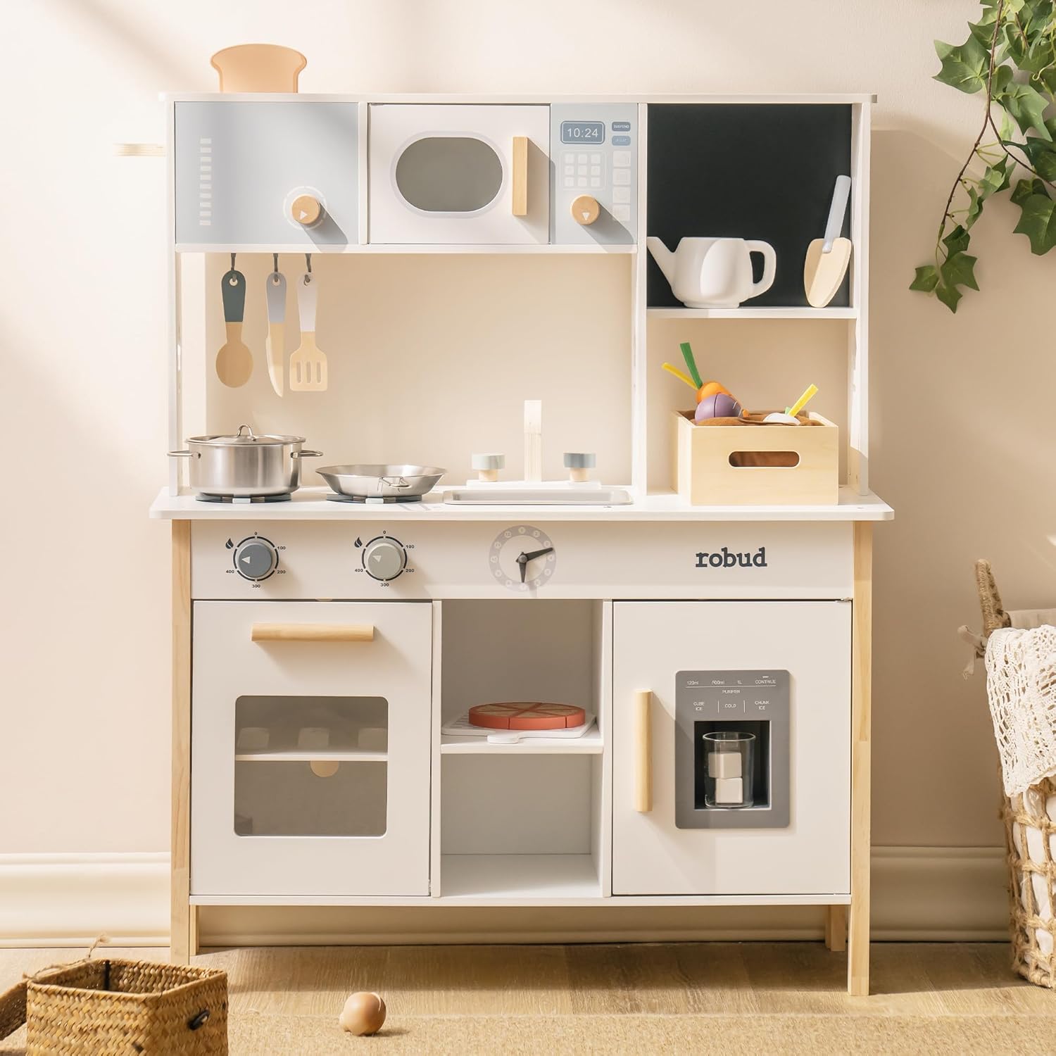 ROBOTIME Wooden Kitchen Pretend Play Set – 21-Piece Scandinavian Play Kitchen with Cookware &amp; Magnetic Accessories