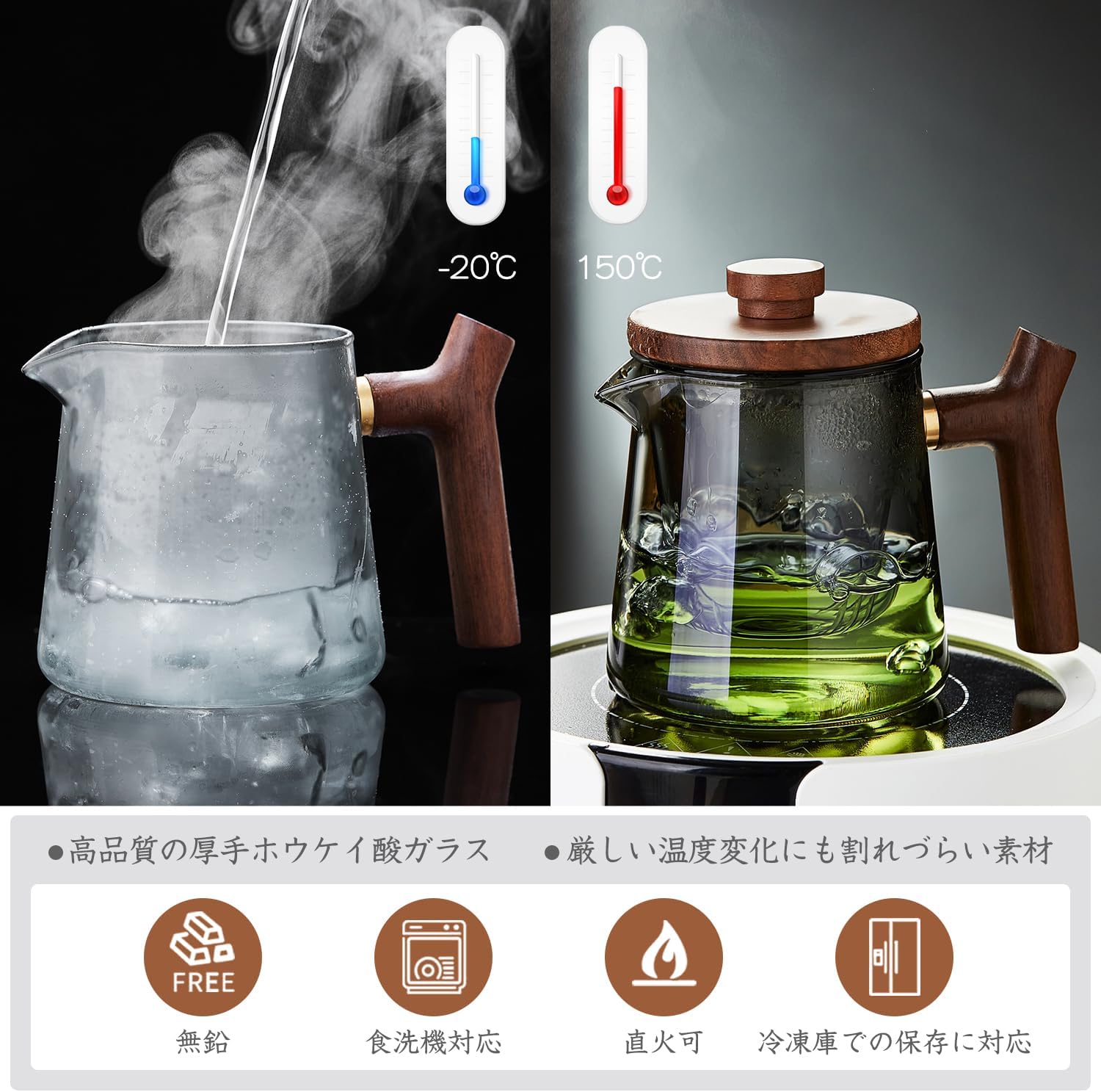 Heat-Resistant Glass Teapot 560ml – Ink Color Design, Wooden Handle &amp; Lid, Glass Strainer