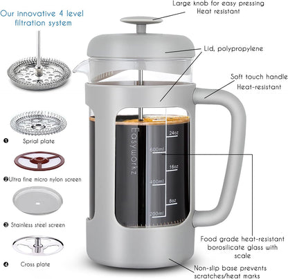 Easyworkz French Press Coffee &amp; Tea Maker – Heat-Resistant Glass, Soft Grip Handle, 1000ml (8 Cups), Light Grey