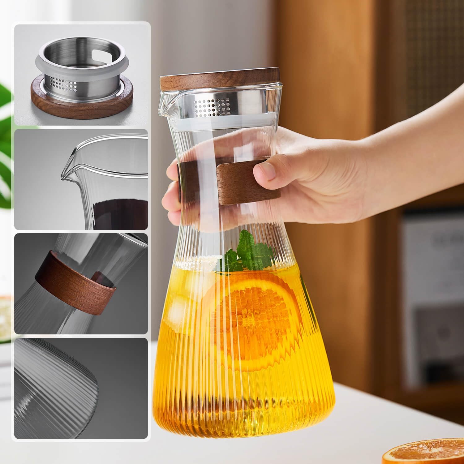 Pocaroty Heat-Resistant Glass Pitcher – 1500ml Vertical Stripe Water Carafe with Lid