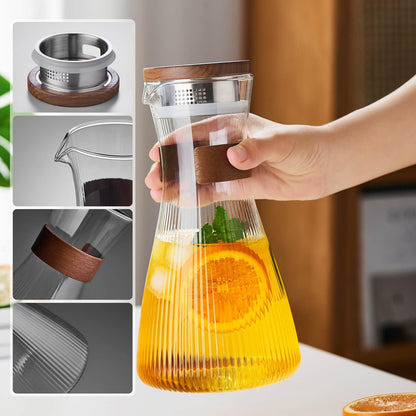 Pocaroty Heat-Resistant Glass Pitcher – 1500ml Vertical Stripe Water Carafe with Lid