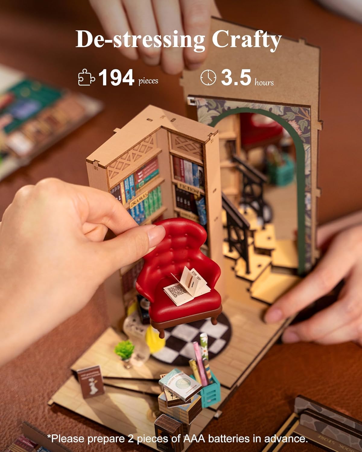 Rolife Bookstore Book Nook Kit | 3D Wooden Puzzle Miniature Shelf Decor with LED Light