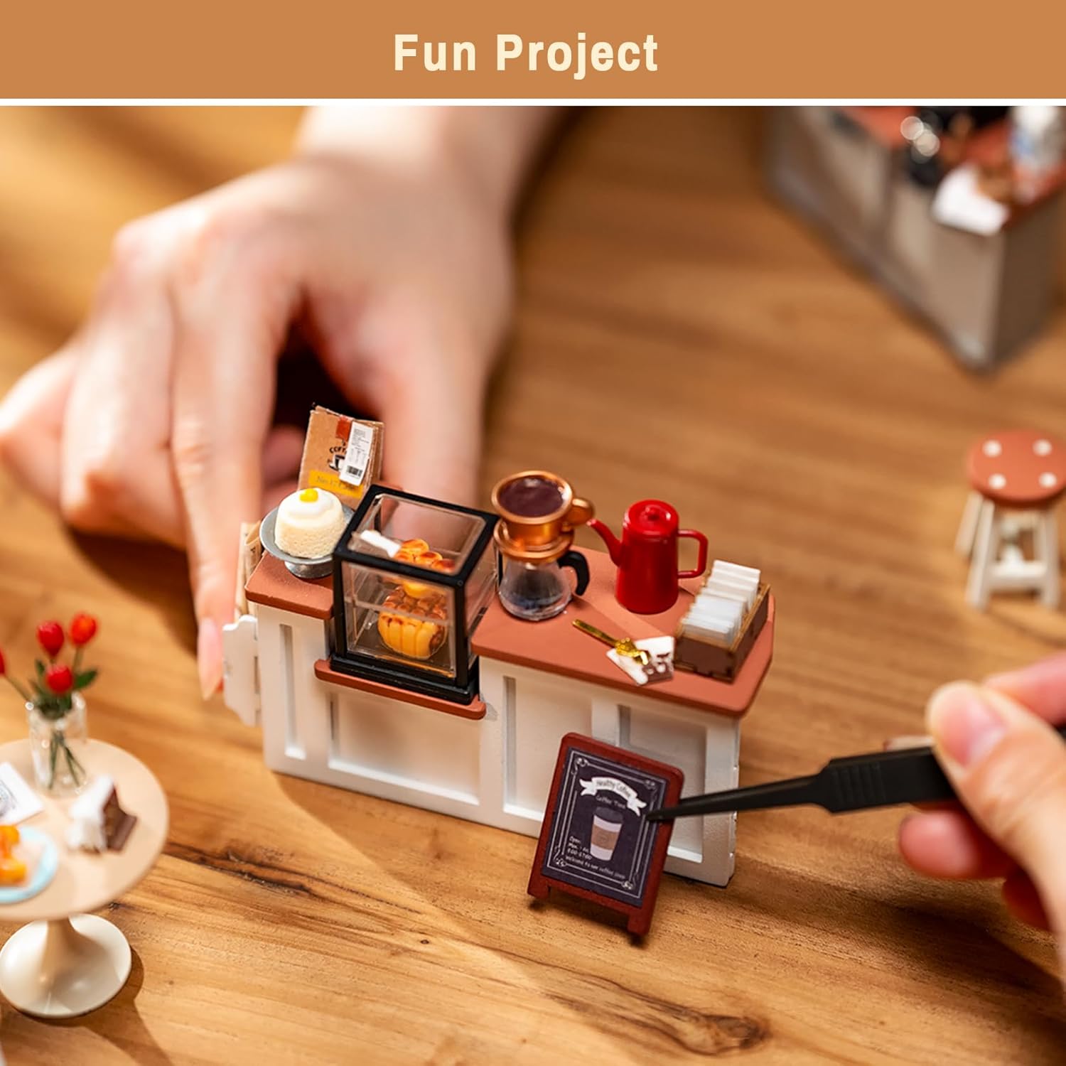 ROBOTIME DIY Miniature Café Dollhouse Kit with LED Lights – Handmade Model House Craft for Home Décor &amp; Gifts