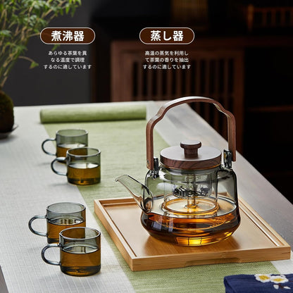Pocarati Heat-Resistant Glass Teapot 1100ml – Inky Design, Wooden Handle, Glass Infuser, Direct Flame Safe