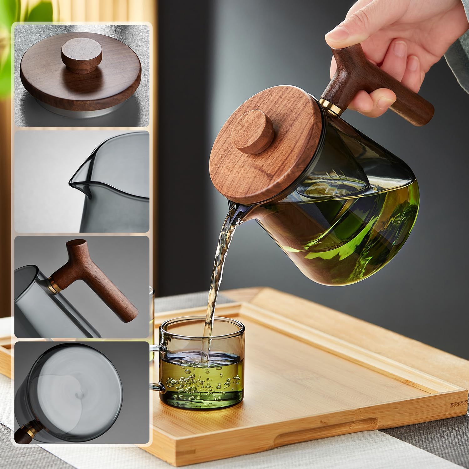 Heat-Resistant Glass Teapot 560ml – Ink Color Design, Wooden Handle &amp; Lid, Glass Strainer