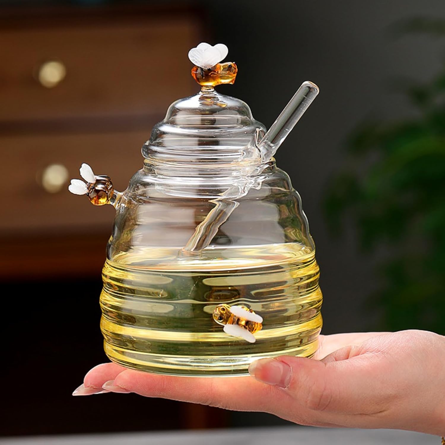 Pocarati Honey Pot with Dipper – 520ml Heat-Resistant Glass Jar with Lid