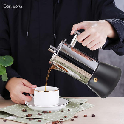 Easyworkz Diego 4-Cup Black Stainless Steel Moka Pot – Italian Espresso Maker, Induction Compatible, 200ml