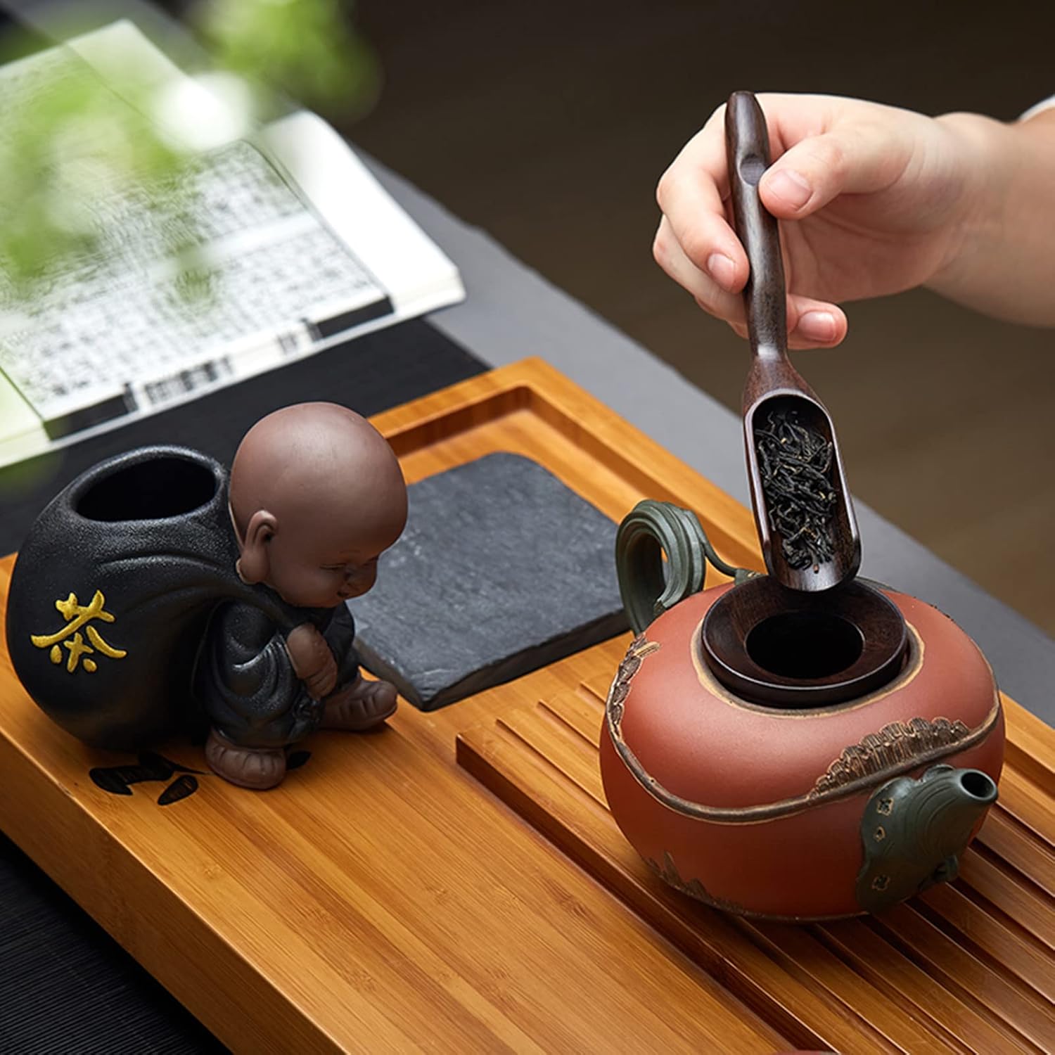 Pokaroty Traditional Tea Ceremony Set – Black Ceramic Teaware with Ebony Wood Accessories