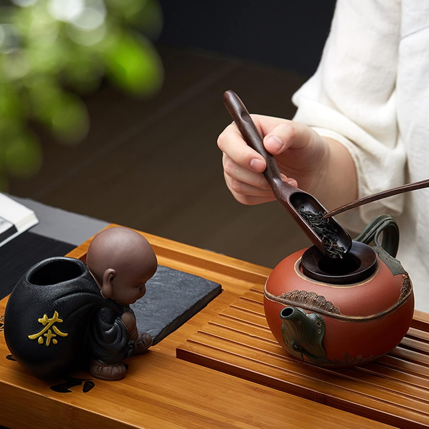 Pokaroty Traditional Tea Ceremony Set – Black Ceramic Teaware with Ebony Wood Accessories