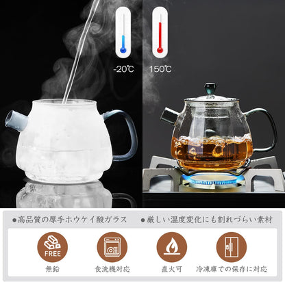 Heat-Resistant Glass Teapot 660ml – Clear Design with Navy Back Handle, Glass Infuser &amp; Lid