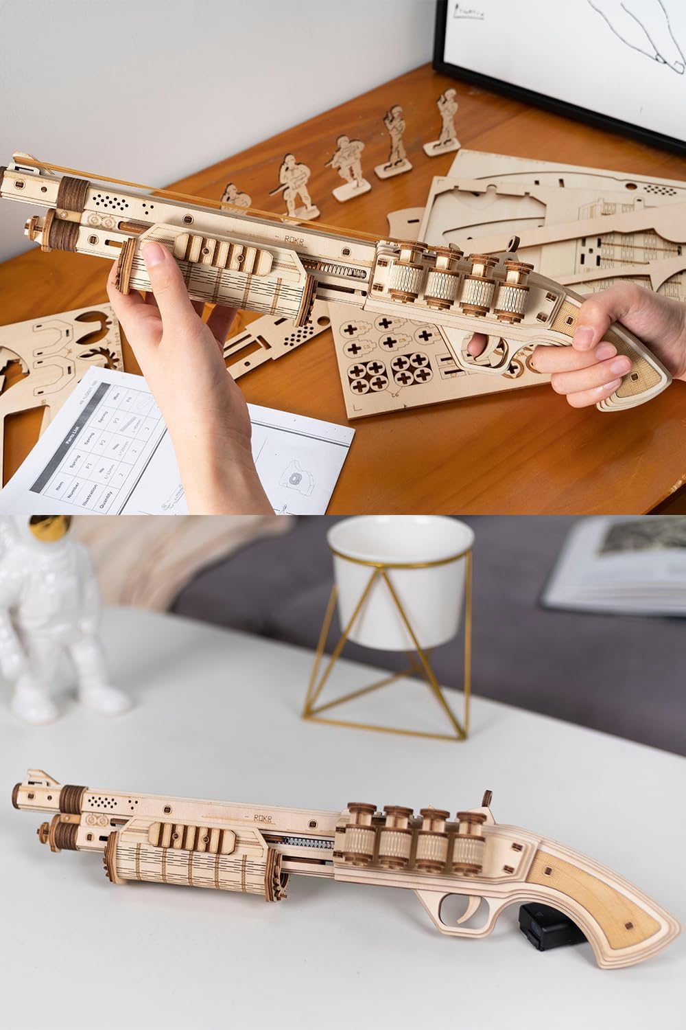 ROKR Terminator M870 3D Wooden Puzzle Gun | DIY Rubber Band Toy Model Kit