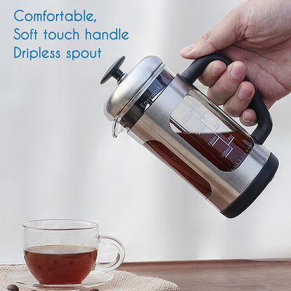Easyworkz French Press Coffee &amp; Tea Maker – Stainless Steel Frame, Heat-Resistant Glass, Soft Grip Handle, 350ml (3 Cups), Silver