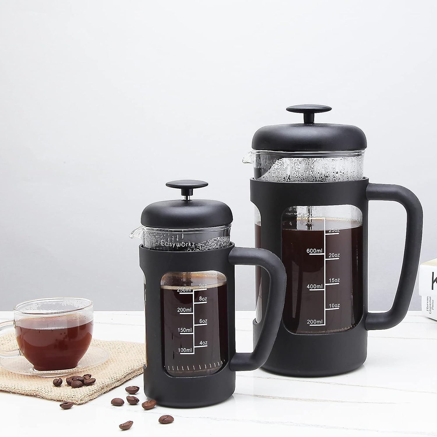 Easyworkz French Press Coffee &amp; Tea Maker – Heat-Resistant Glass, Soft Grip Handle, 350ml (3 Cups), Black