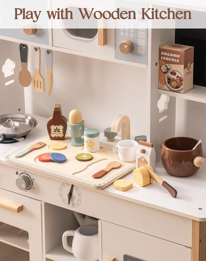 ROBOTIME Wooden Play Food Set for Kids – Pretend Kitchen Toy Breakfast Food Accessories with Tray